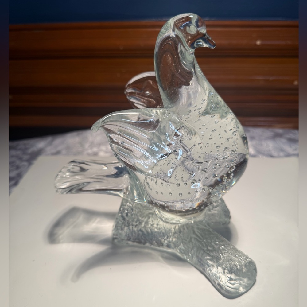 Vintage Art Glass Figurine of A Dove Or Bird Perched On Branch Bubble Glass